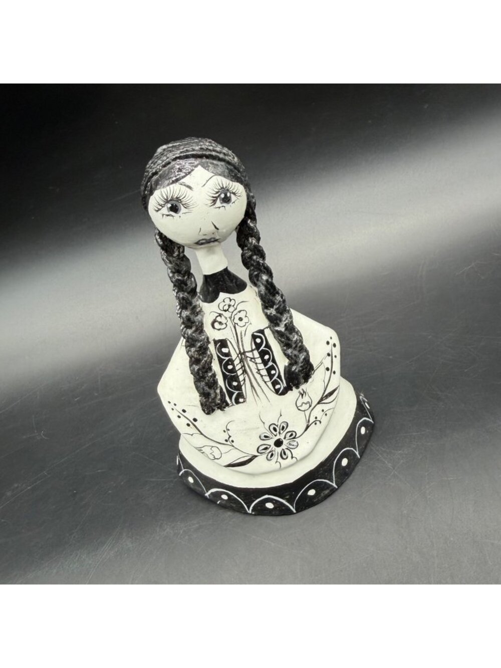 Paper Mache Doll Figurine Mexico Black White Floral Handmade Sermel Folk Art Vtg